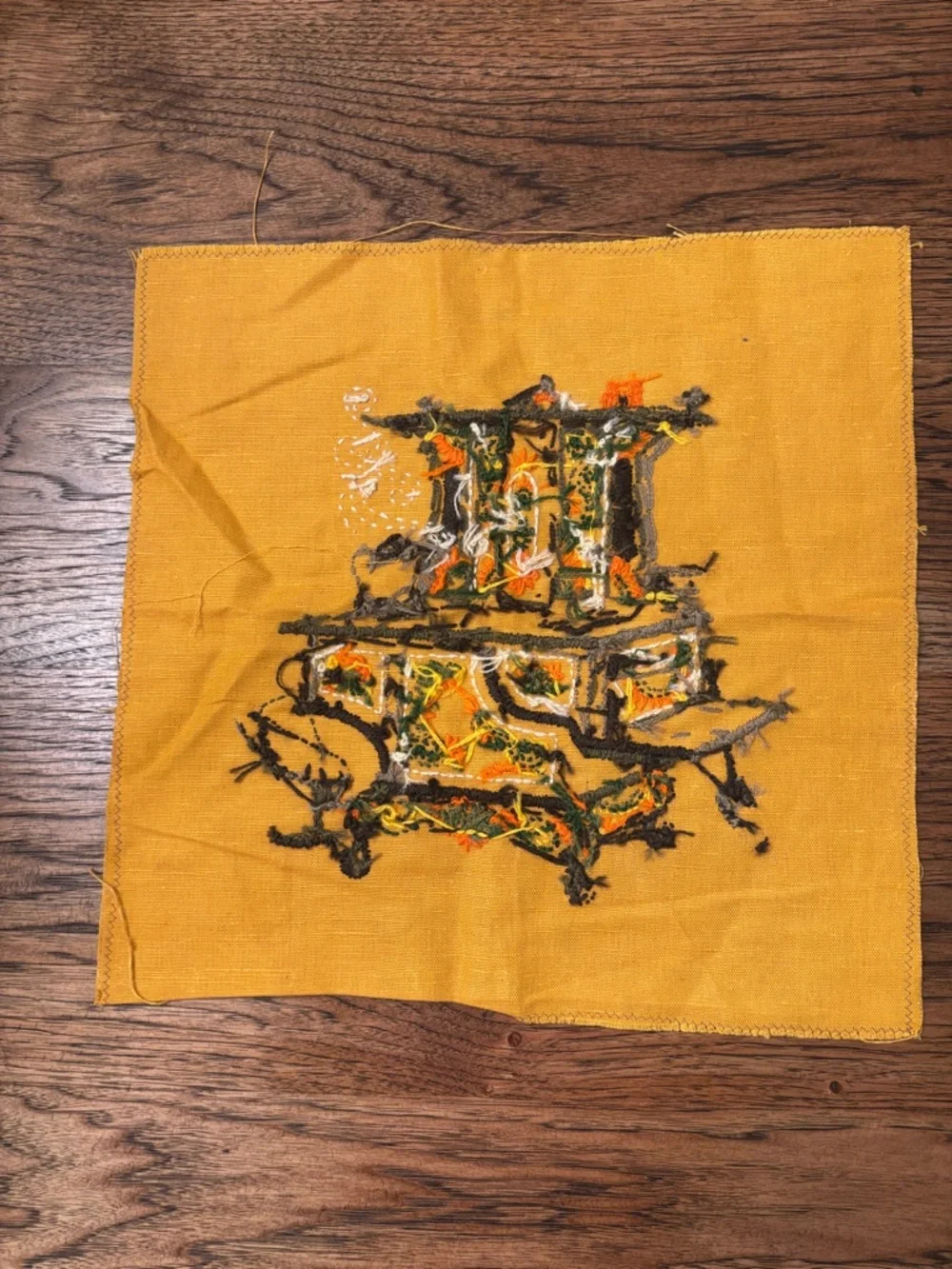 Vintage 1970s Crewel Embroidery Kitchen Stove Textile Art Mustard Folk Art